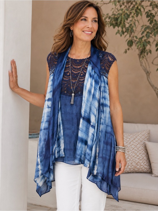 Chico's Other - Chico's Blue Silky Tie-Dye Crochet Kimono | Size 2 | Cover Up